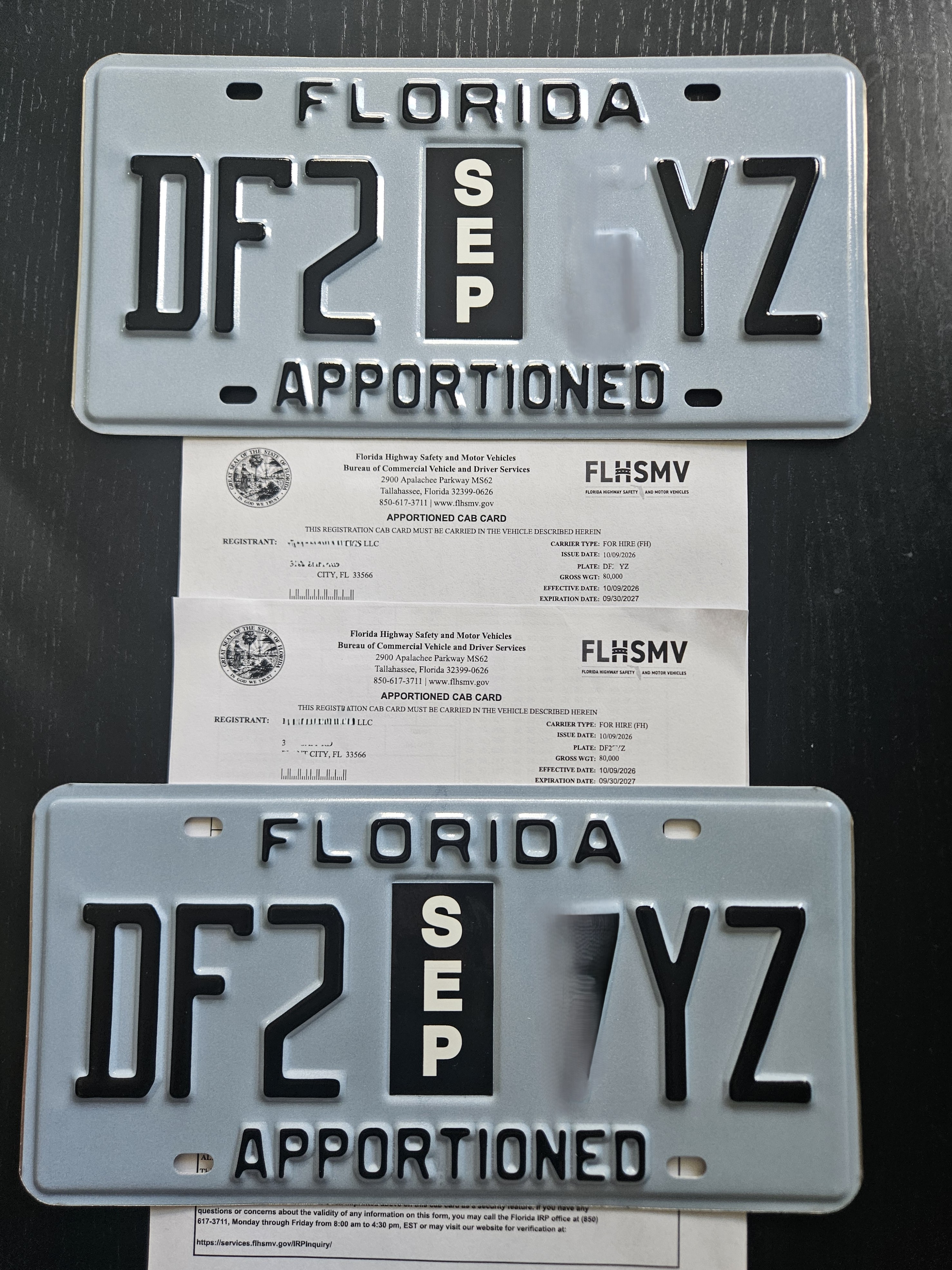 Dos placas apportioned de Florida con sus cab cards