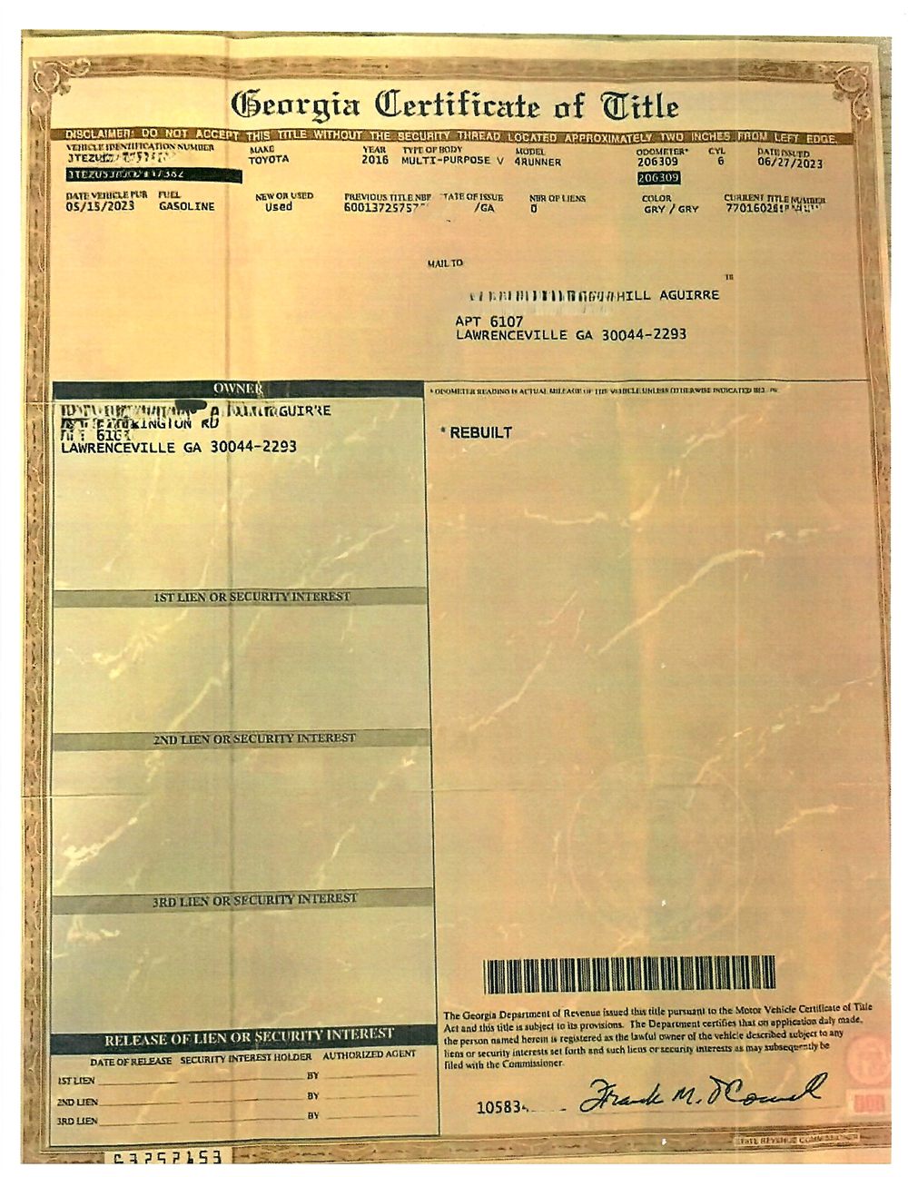 Muestra protegida de un título de vehículo de Georgia